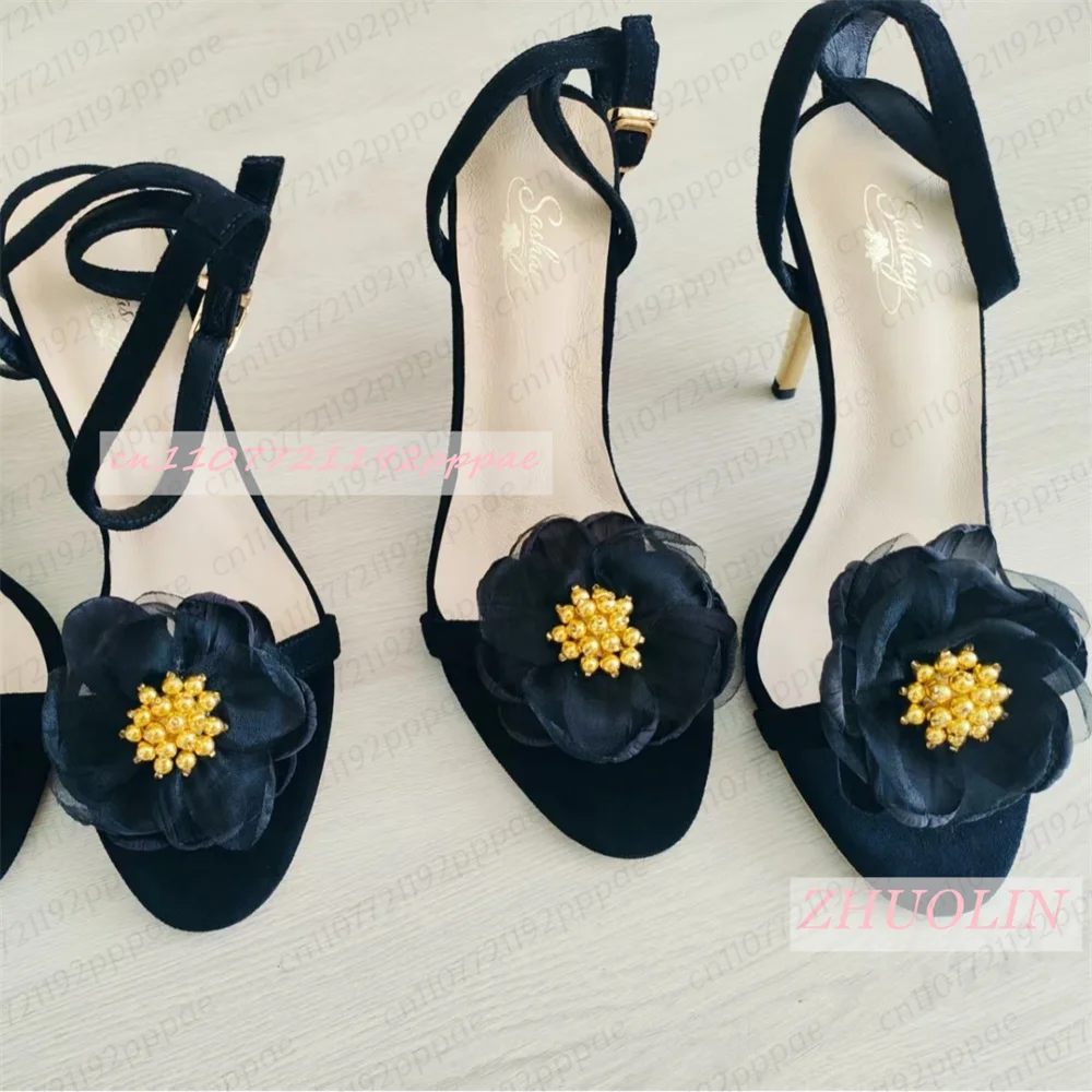 Women Black Tulle Flower Stiletto Sandals Open Toe Gold Heel Ankle Strap Suede Gold Charm Elegant Sexy Wedding Bride Party Shoes - view 4