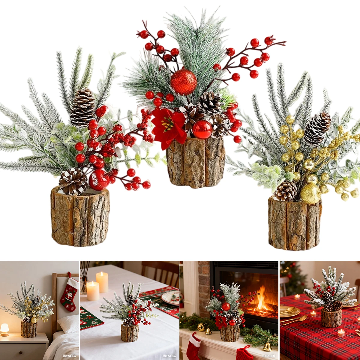 

1pc Mini Artificial PE Christmas Tree in Bark Bucket - Cute Tabletop Decor for Christmas Home & Indoor Christmas Holiday Display