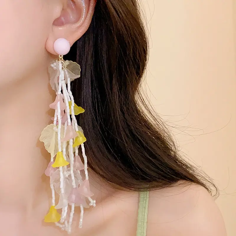 Dopamine Color Tube Beads Tassel Leaf Long Earrings Cute Eye-Catching Colorful Charm Drop Earrings For Girls Party Jewelry