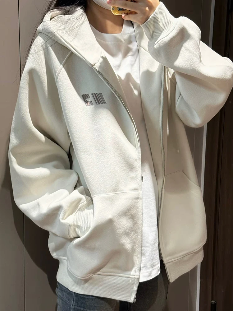 Damen-Strickjacke, übergroß, lässig, mit Kapuze, Reißverschluss, bestickt, lockerer amerikanischer Stil, fauler Windmantel, Herbst-Winter-Paar