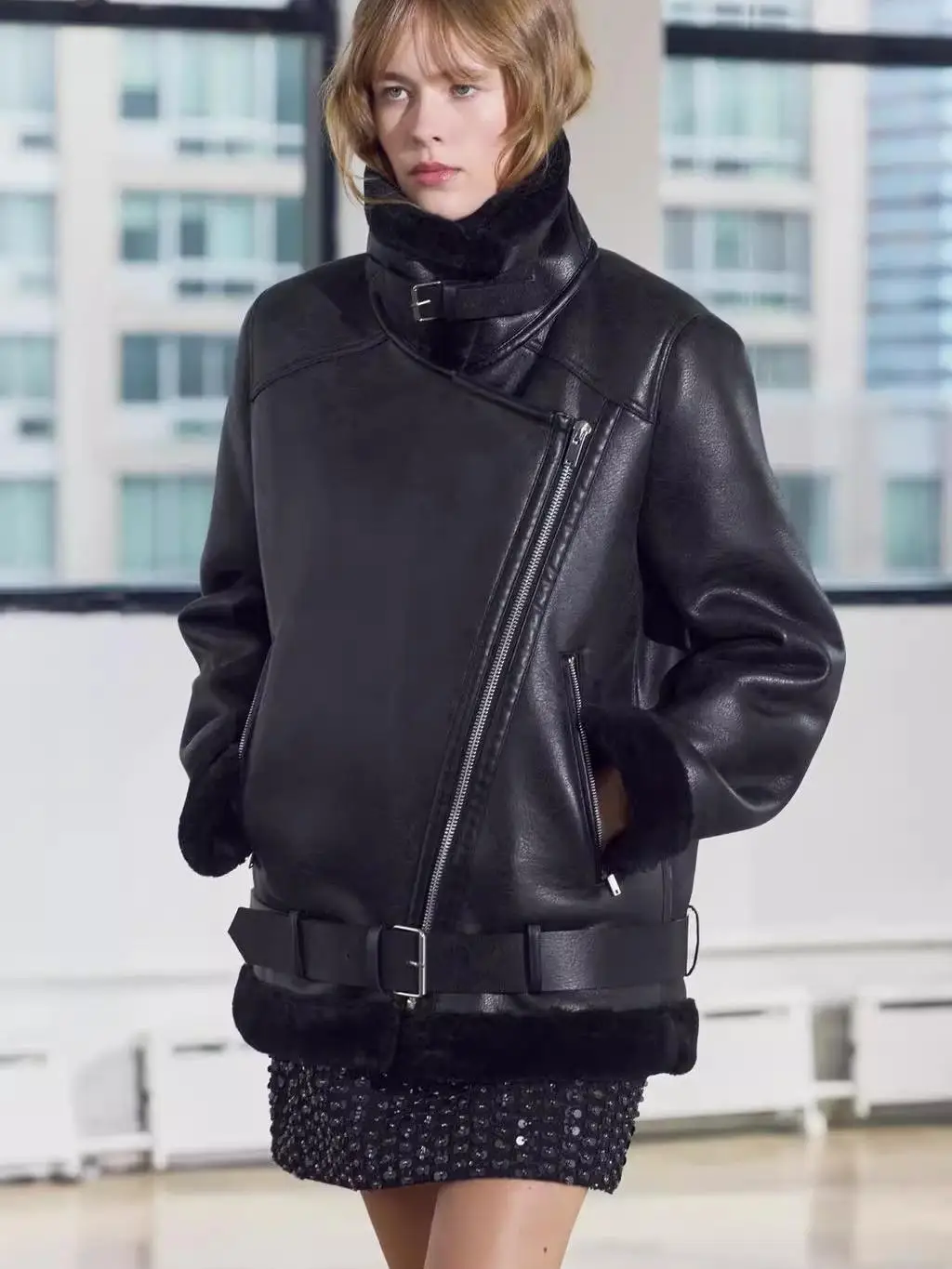 معطف دراجة نارية مزدوج الجوانب Sle Thiened طويل Sve Jaet معطف نسائي شتوي ملابس خارجية من ألياف البوليستر بسحاب للإغلاق