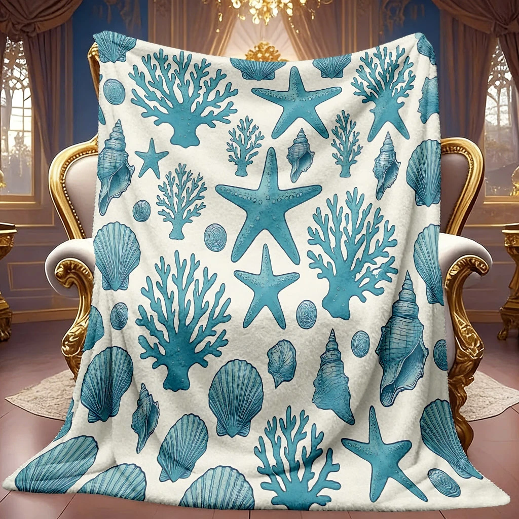 Vintage Sea Life Pattern Fleece Look Bed Throw Retro Looking Decor Blanket For Restaurant Boutique Dance Studio
