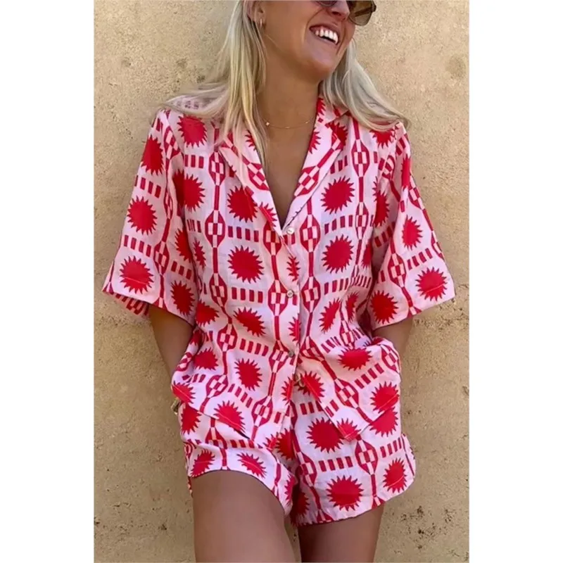 Women Geometric Print Shirt Top and Pant Suit Lapel Short Sleeve Pocket Blouse Elastic High Waist Shorts Beach Outfit 2 Pcs Sets