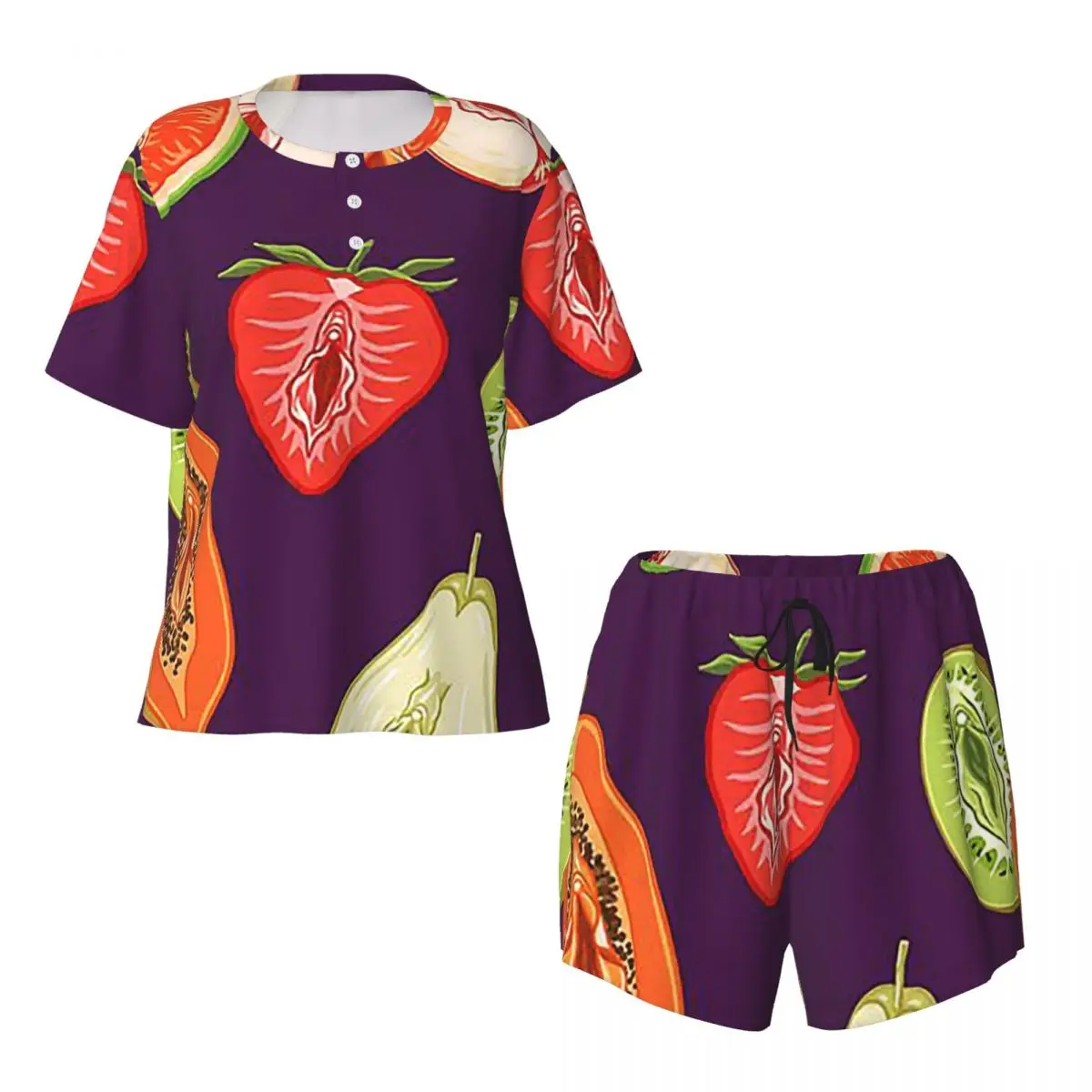 

Sexy Vulva Fruits Round Neck Short Sleeves Nightdress for Sleeping Sleepshirts Women Loose Pajama Set Short Pants