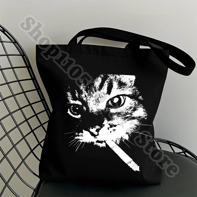 

Funny Meme Smoking Cat Canvas Handbags for Women Men Anime Printed Tote Casual Accessories Bag Adult Fashion Storage Pouch Gifts