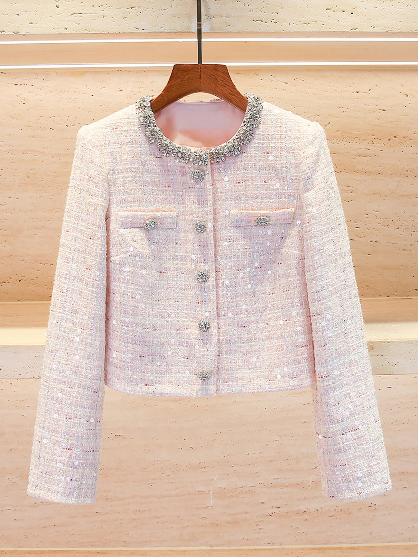 

Изысканный вязаный кардиган с бриллиантовой отделкой и блестками для женщин, коллекция High-End Spring, стиль для повседневной носки, стандартный крой