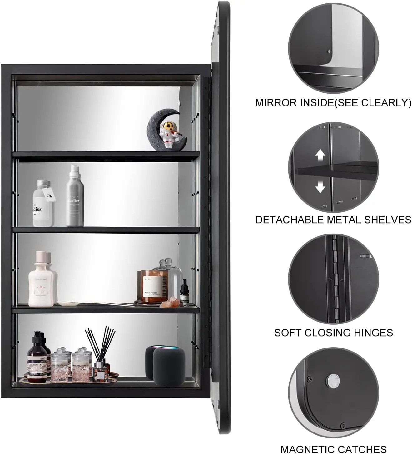 Black Bathroom Medicine Cabinet with Mirror Metal Frame Built-in or Wall Mounted Single Door Storage Medicine Cabinet