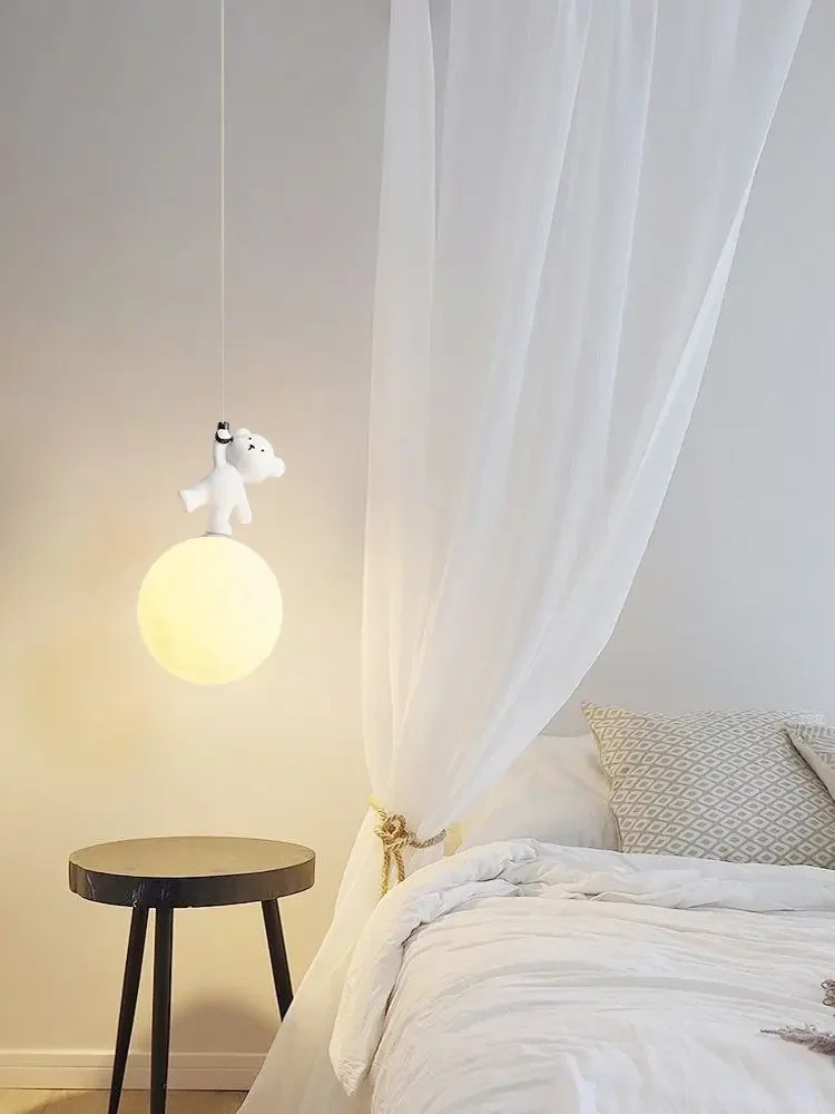 Bear Lamp Cartoon Nursery Bedside Pendant Resin Kids Bedroom Hanging Light Baby Girl Boy Fixture Home Decor Interior Art