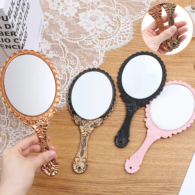 Vintage Ancient Court Carved Makeup Mirror European Style Handheld Oval Shaped Mirror Portable Cosmetic Mirror