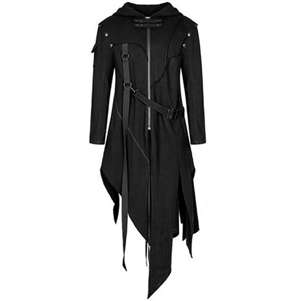 Fashion Men 2022 Black Retro Long Sleeve Zip Medieval Irregular Hem Hooded Jacket Gothic Coat Costume Halloween Praty Outwear