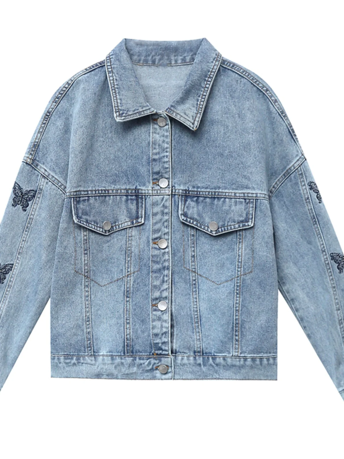 Jaqueta Jeans Fena Curta Primavera Outono Bordada Moda Ajustada Casual Confortável com Botões