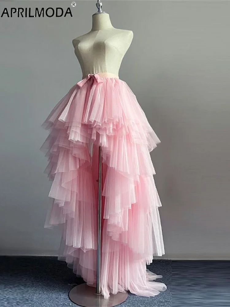 Femmes à plusieurs niveaux Lolita avant court dos longue princesse Tutu jupe haut bas gonflé Maxi asymétrique maille robe de bal événement jsk jupes