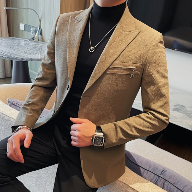 Luxury Business Blazers Men\'s Zipper Design Slim Fit Casual Office Social Suit Blazer Banquet Party Wedding Groom Dress Coat