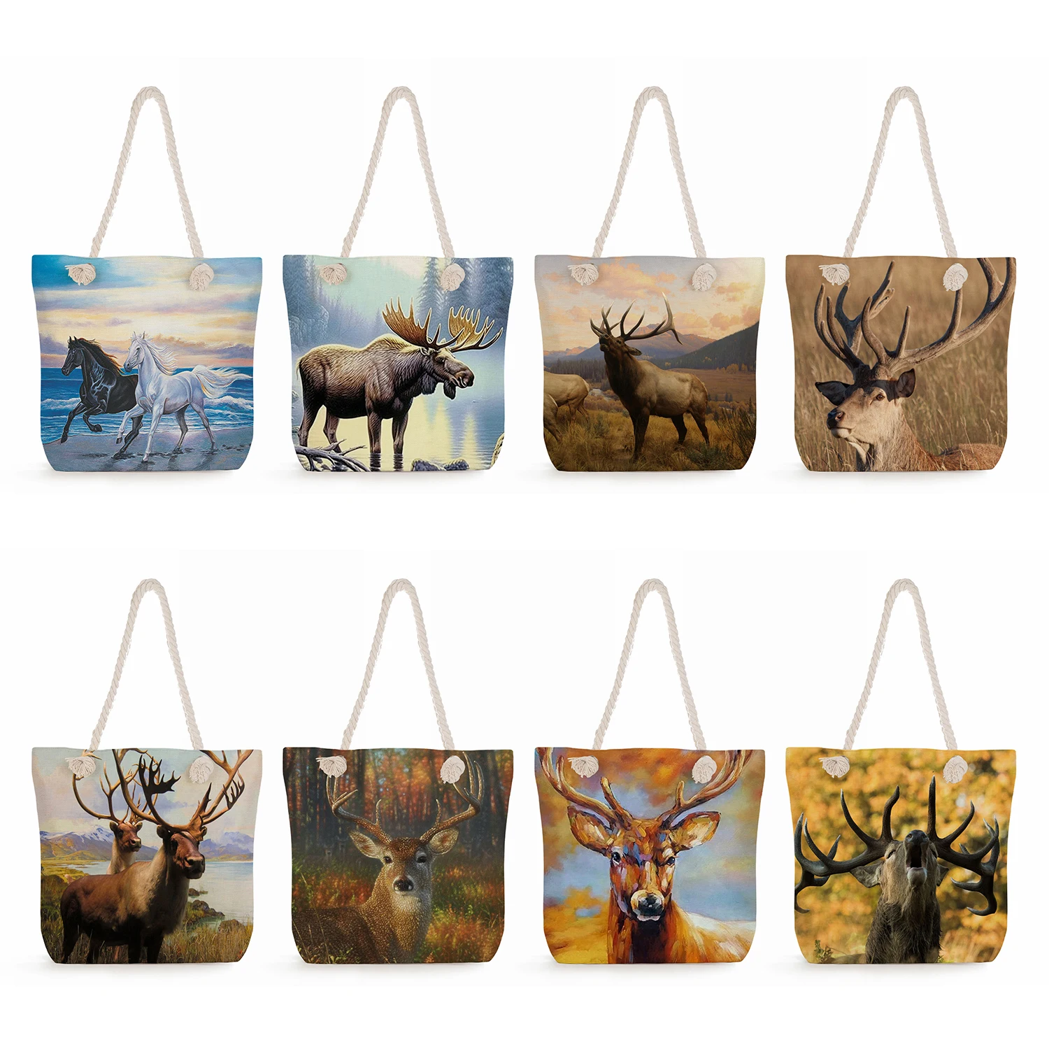 

Animal Elk Print Handbags Foldable High Capacity Shopping Tote Bags Women Casual Shoulder Bags Eco Reusable Travel Beach Bags