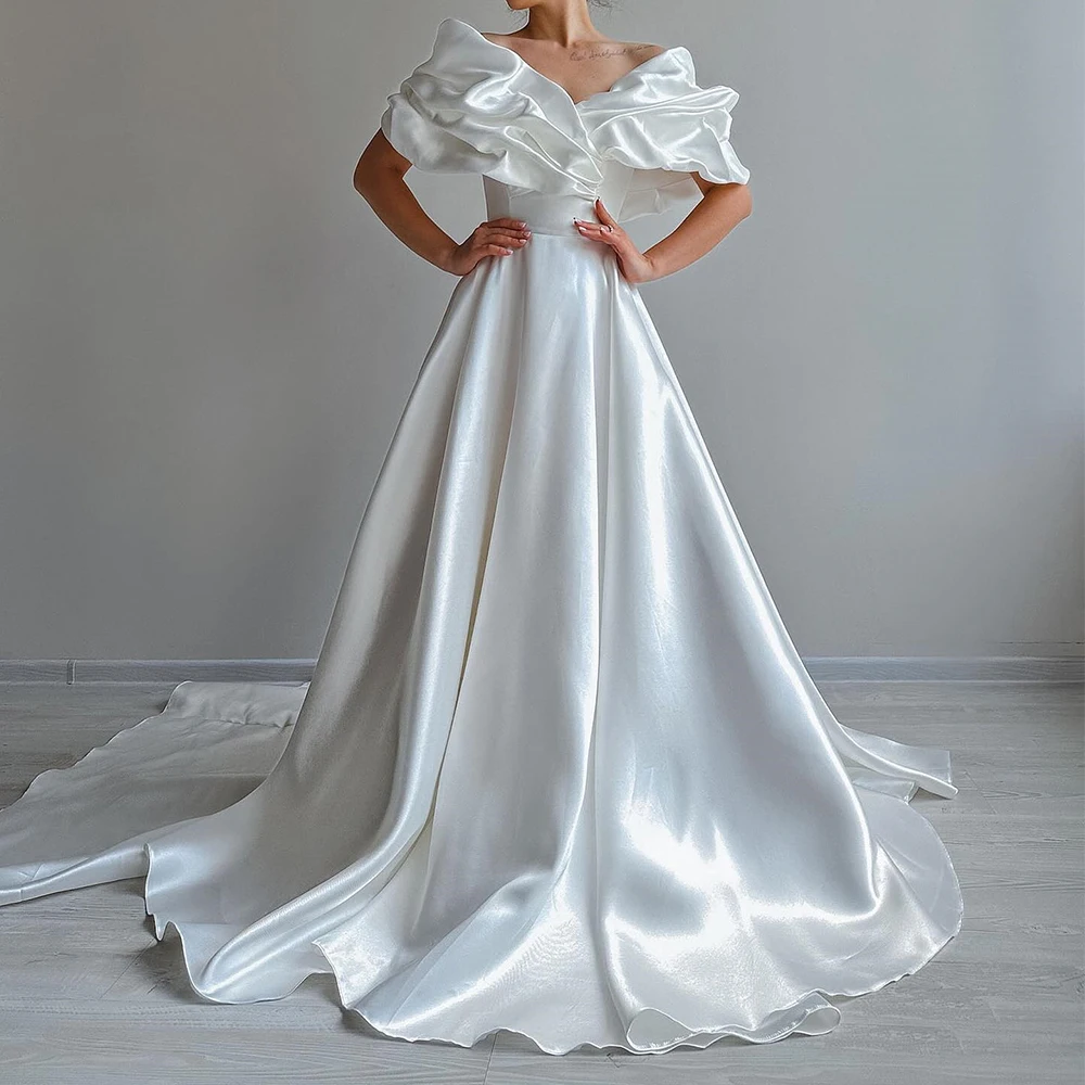 

Graceful Lace Up Back Off the Shoulder Satin A-Line Wedding Dresses Classic V-Neck Pleats Sweep Train Short Sleeves Floor Length