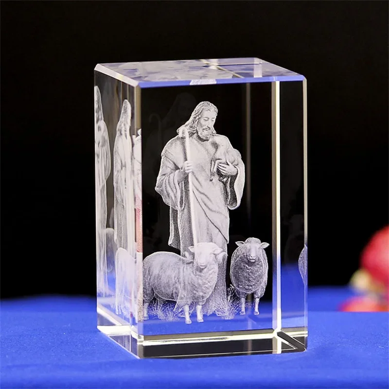 3D K9 Crystal Cube Christian Jesus Cross Figurine Home Decor Virgin Mary Laser Engrave Crystal Religious gifts for women\'s birth