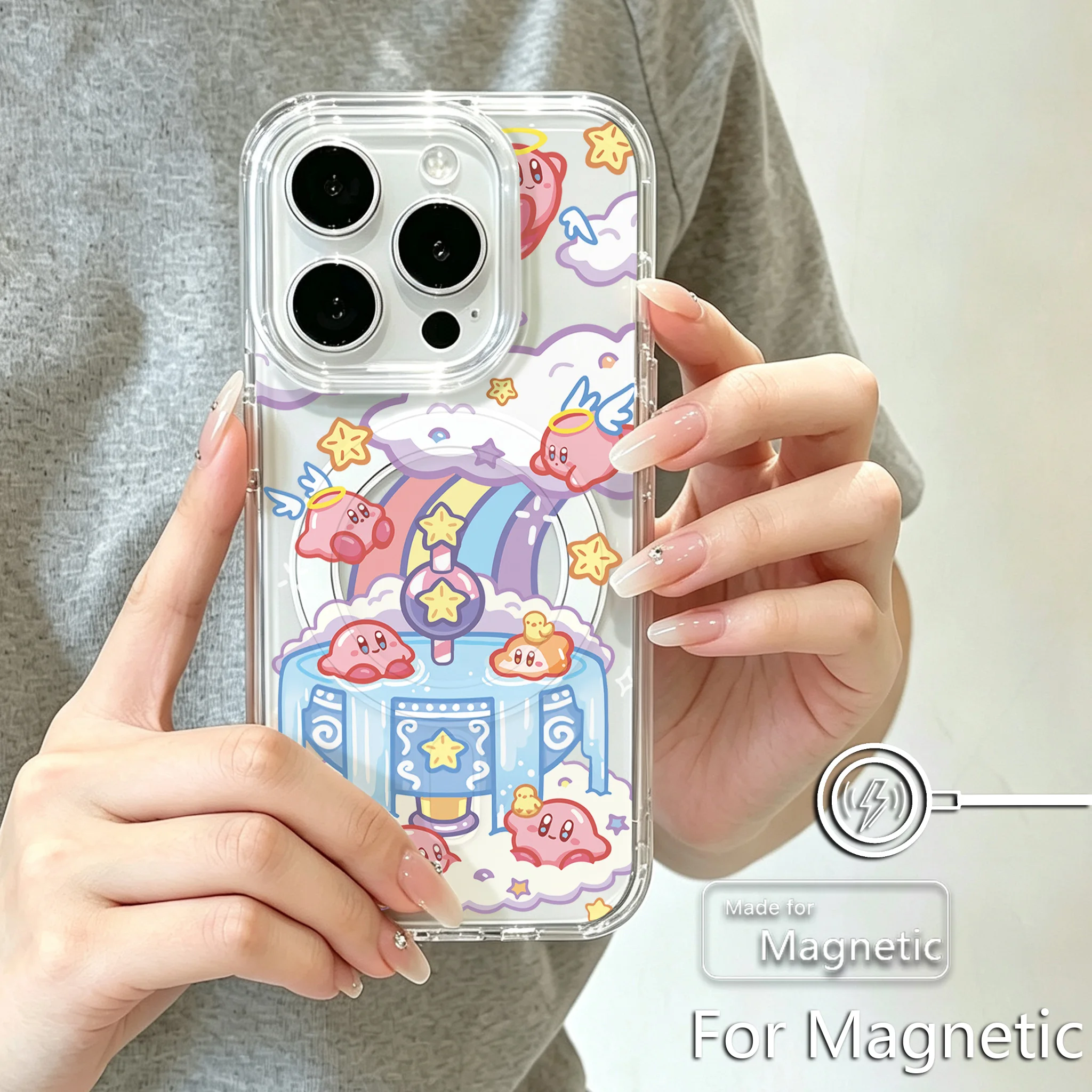Pink Kawaii Kirbys Magnetic Phone Case for Samsung Galaxy S25 S24 S23 S22 S21 S20 FE Edge Plus Ultra 5G Soft Clear TPU Cover