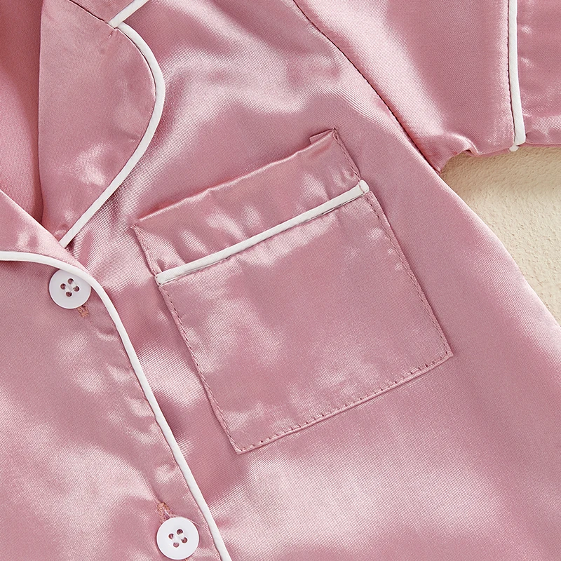 Blotona Piyama Satin Bayi Laki-laki Perempuan Jumpsuit Warna Polos Berkancing Lengan Pendek Pakaian Tidur Balita Lucu