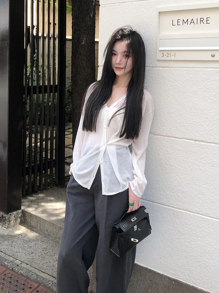 

Женский вязаный кардиган с V-образным вырезом, повседневный, свободного кроя, с длинными рукавами, однотонный, летняя верхняя одежда из смесового шелка и льна ZONE