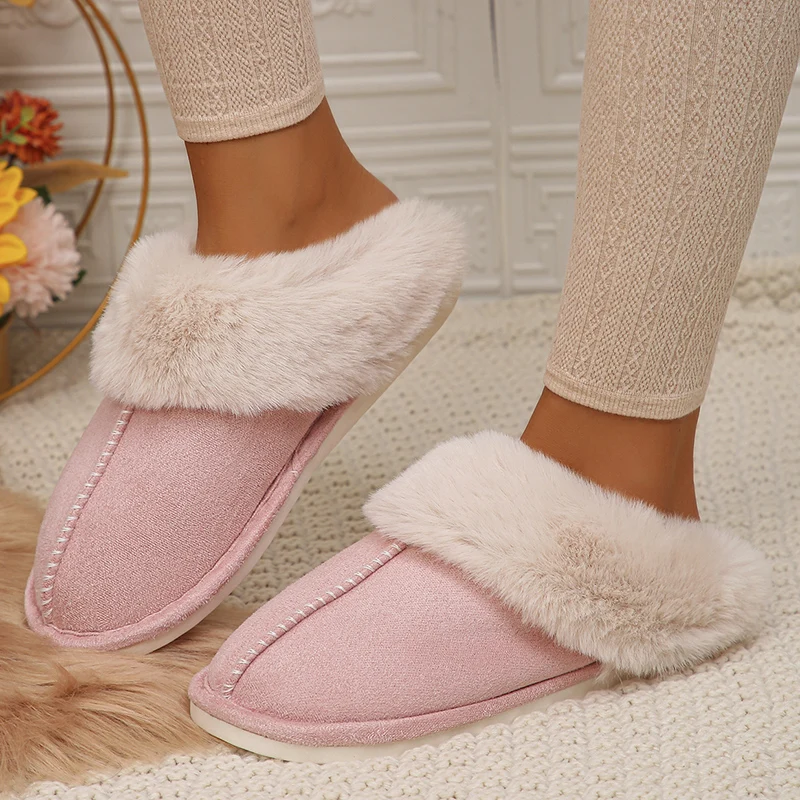 2023 Winter Warm Indoor Fur Slippers Women Soft Plush Lined Home Cotton Shoes Woman Comfy Non-Slip Bedroom Fuzzy Slippers Couple