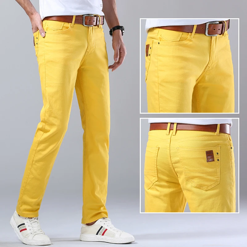 2024 spring Autumn Brand Luxury Men's Bright Stretch Fit Jeans Red Blue Yellow Trendy Denim Straight-leg Trousers MaleTrousers