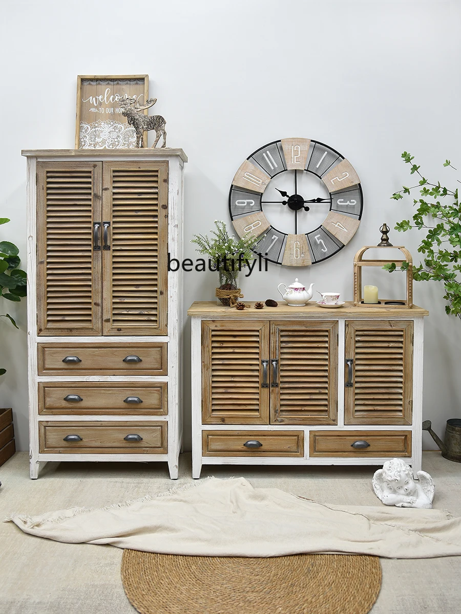 Retro Blinds Entrance Cabinet Solid Wood Kitchen Integrated Sideboard Storage Rack Wine Cabinet