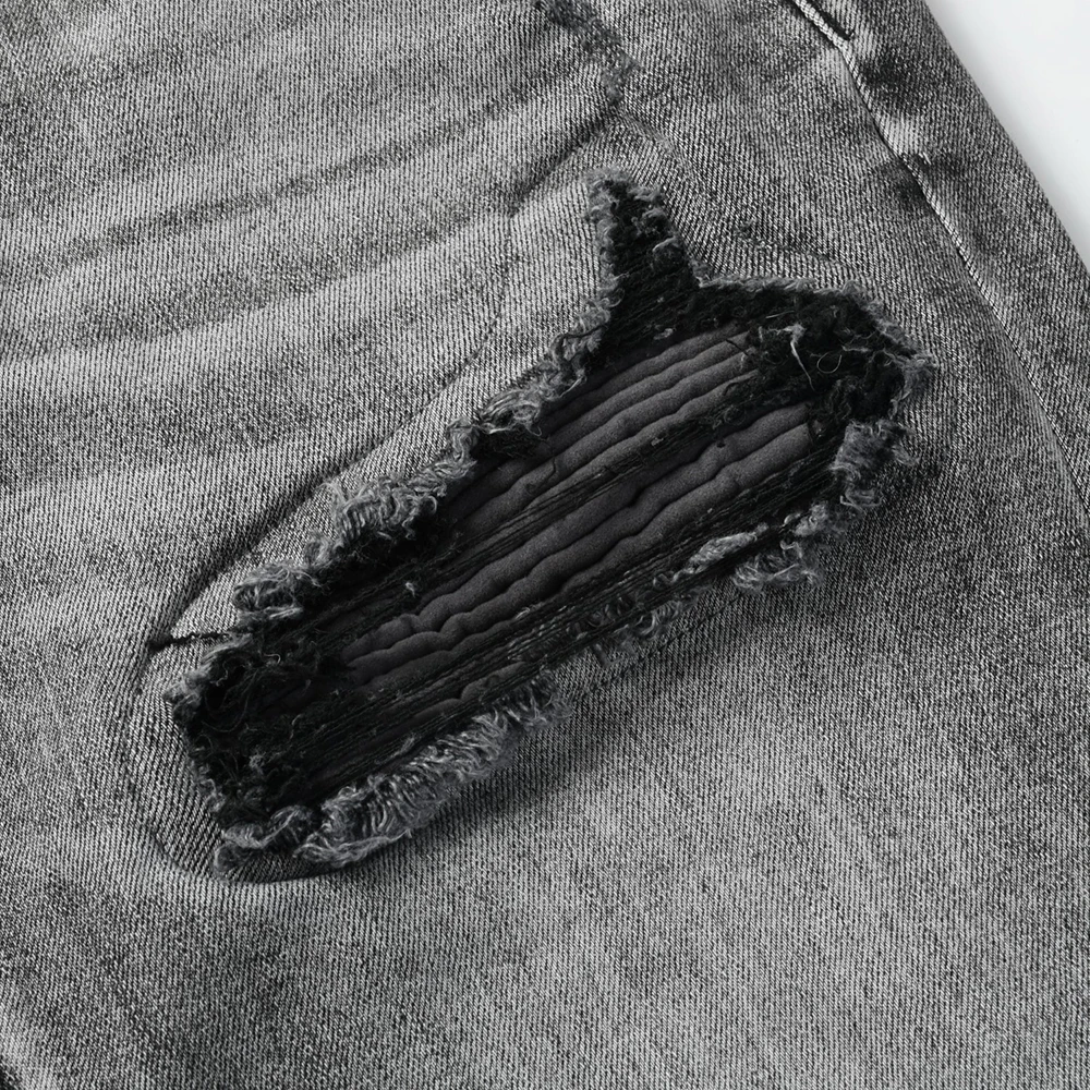 Men's Streetwear Skinny Jeans Pleated Flannel Patch Stretch Denim Pants Distressed Patchwork Tapered Trousers Gray Black view 3