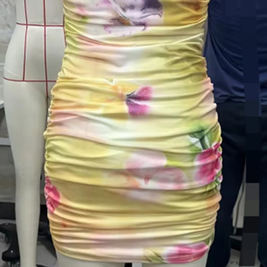 女性用 夏 フォールド ミニ タンク ドレス ノースリーブ ラウンドネック シャーリング 花柄 膝上ドレス ビーチ