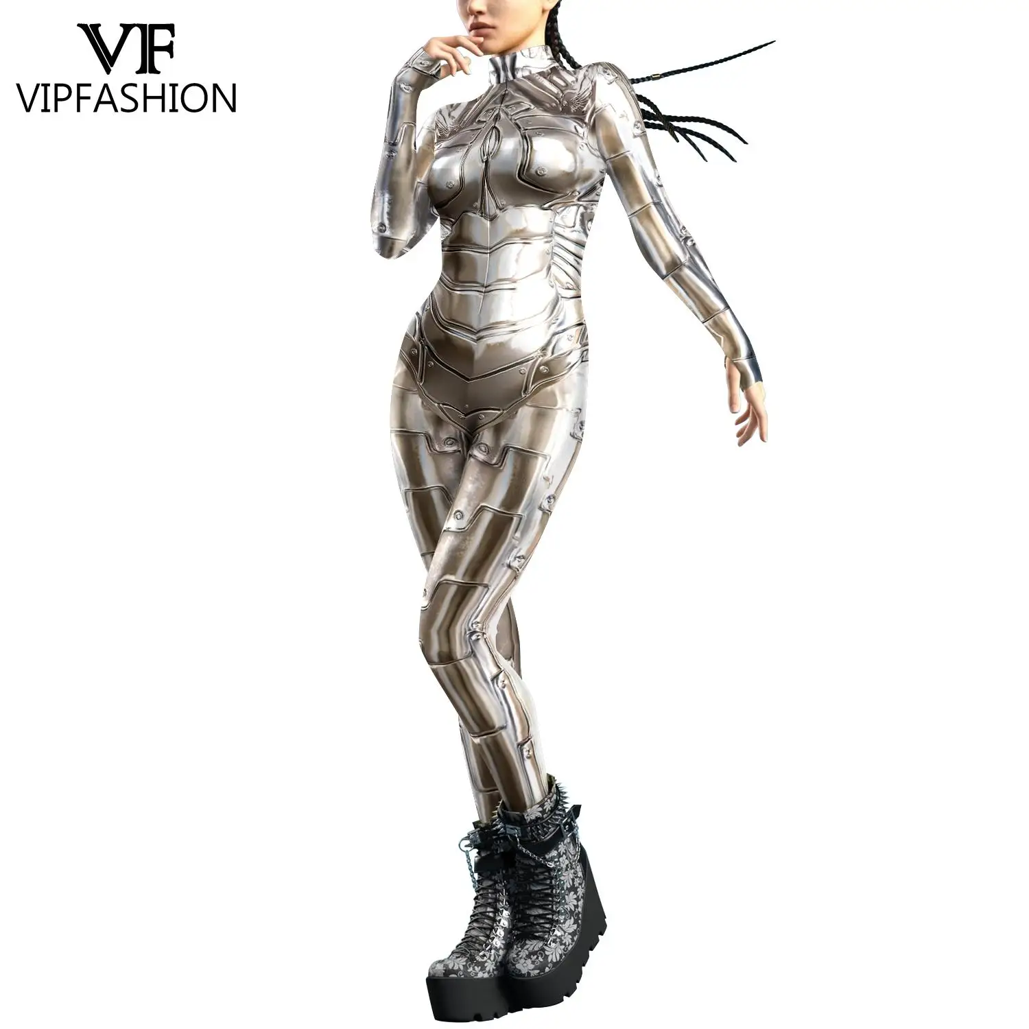 VIP FASHION Punk Cosplay Costume for Women Front Zipper Robot Jumpsuit Female Zentai Suit Carnival Jumpsuit Party Clothes