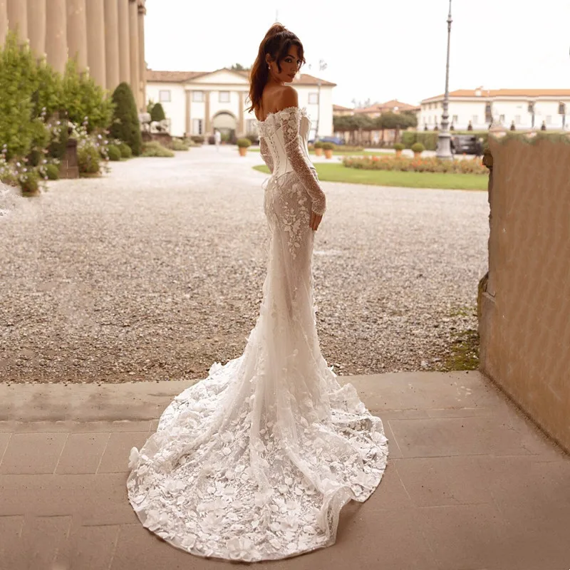 

Modern Lace Appliques Mermaid Wedding Dress Luxury Off The Shoulder Strapless Bridal Gown Sexy Backless Sweep Train Customized