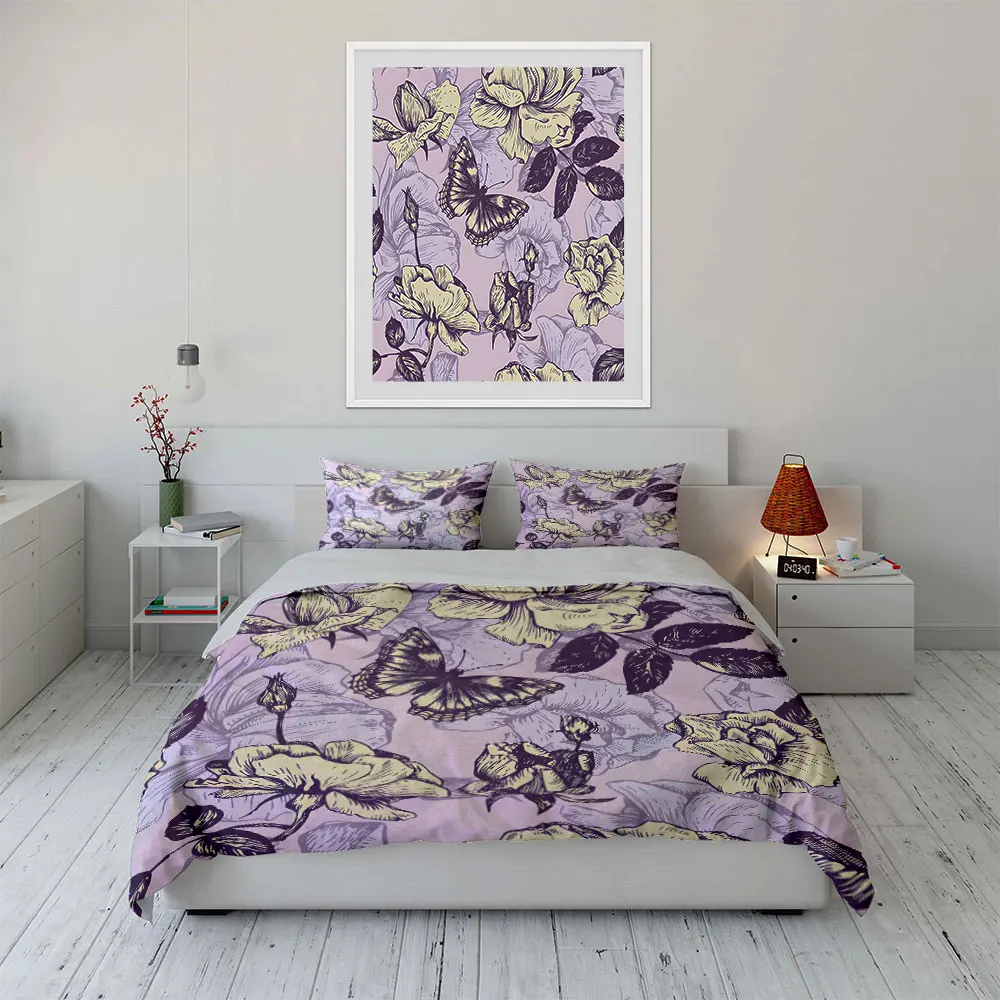 Elegant illustration of butterfly and roses Bedding Set for Kids Luxury Gift 3pcs Digital Print Comforter Set Soft Comfortable