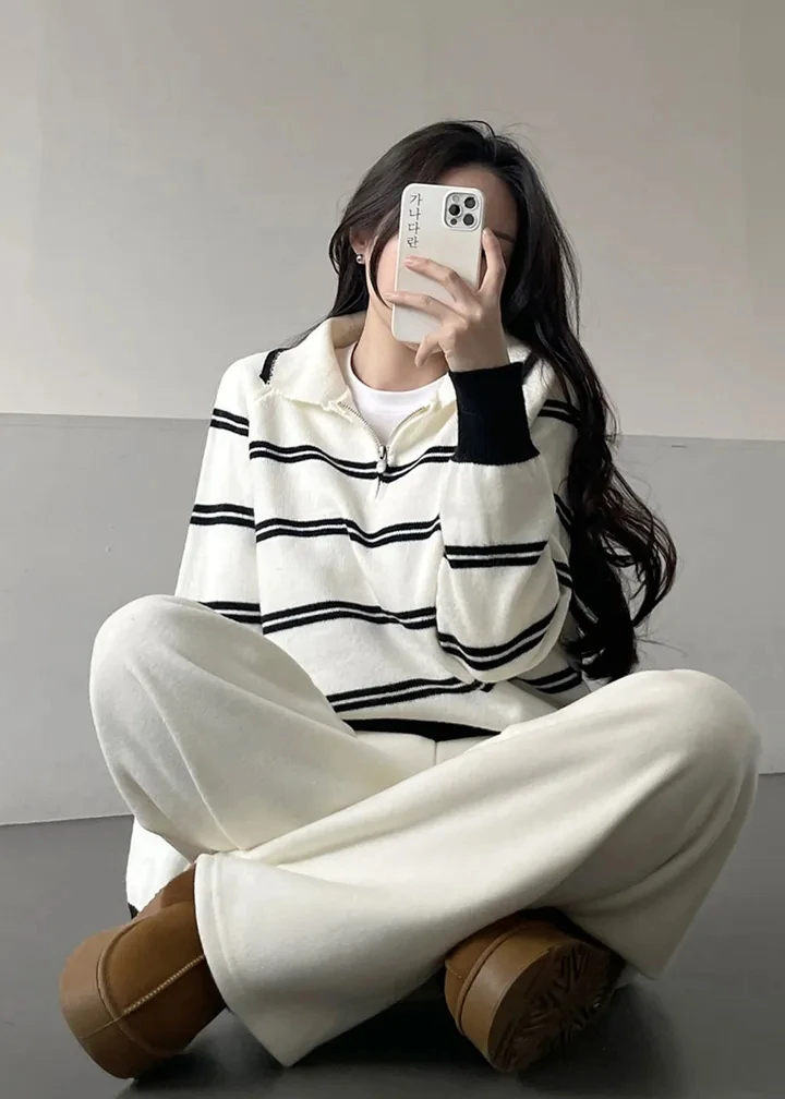 Korean Style Lazy Striped Zipper Color Block Long Sleeve Women's Soft Sweater Autumn Winter New Design Knitted Shirt