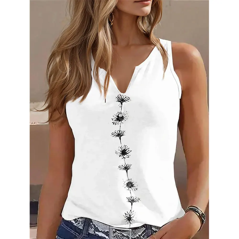 V Neck Blouse Solid Color Printed Sleeveless T-shirts Tank Tops Simple Streetwear Casual Loose Harajuku Tees Pullovers Oversized