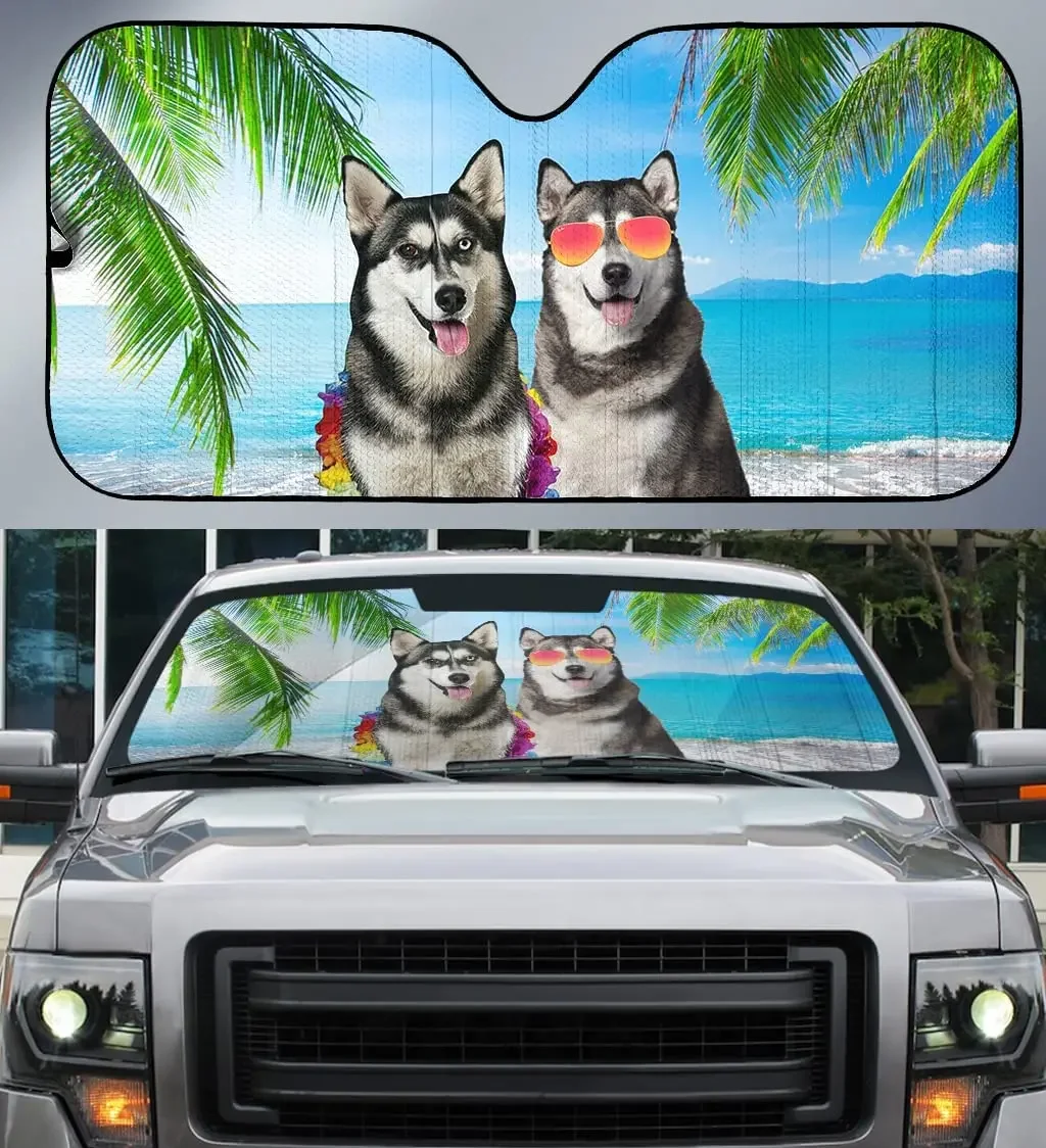 Hawaii Siberian Husky Dog in Summer Beach Coconut Tree Car Sunshade, Gift for Siberian Husky Lover, Hawaii Vibe Auto Sun Shade,