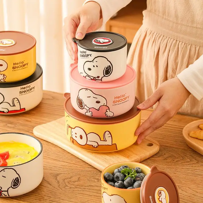 Miska Snoopy Trzyczęściowy Zestaw Crisper Box Dziecko Kreskówka Snoopy Ceramika Świeża Miska z Pokrywką Garnitur Dziewczynka Zastawa Stołowa Lunch