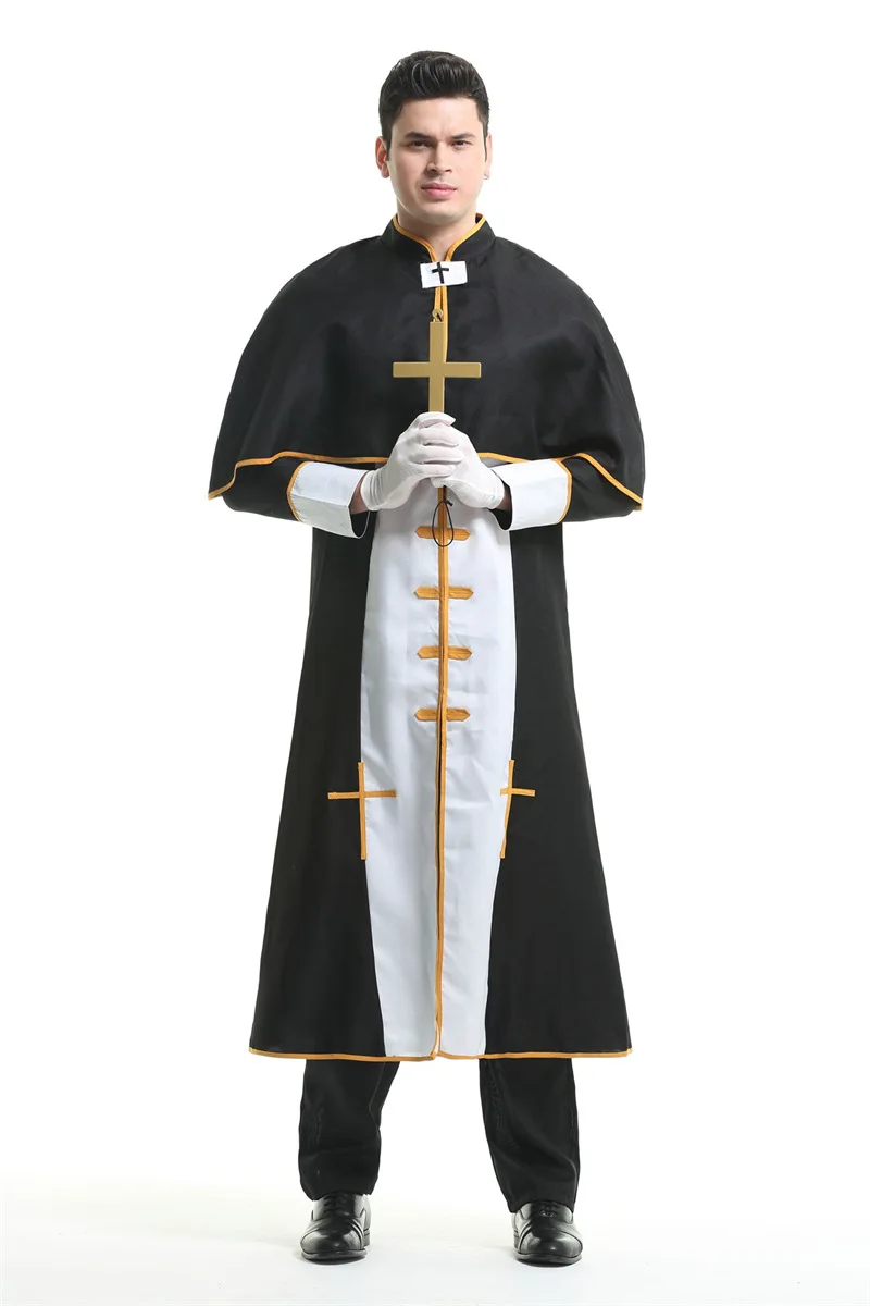 Traje de festa de Halloween para adulto, robe preto, pai medieval, roupas monge