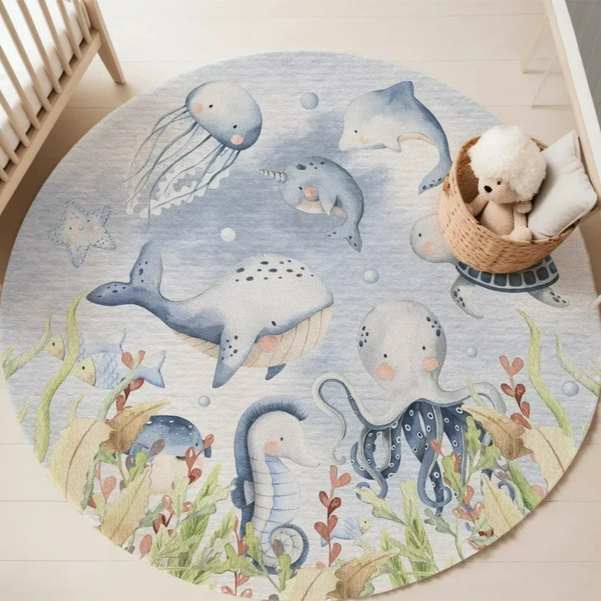Blue Marine animal Round Carpet for Living Room Baby Girl Room Kids Playroom Mat Bedroom Soft Rug Nursery Decor kid's playmat view 3
