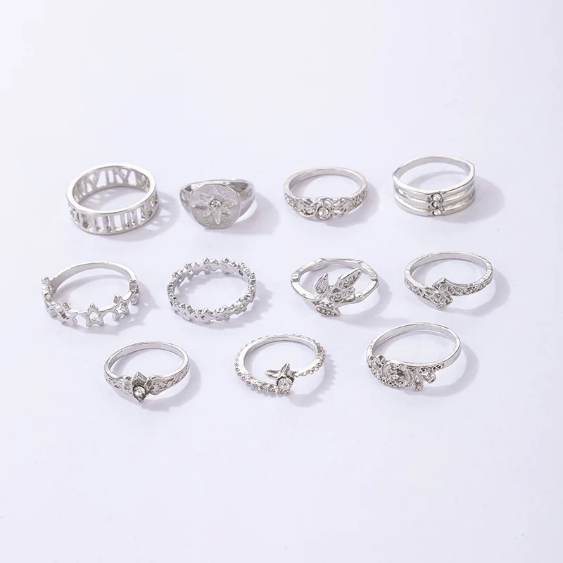 Tocona 13pcs/sets Bohemian Silver Color Star Rings Sets for Wmen Shiny Crystal Stone Geometric Wedding Rings Jewerlry 14306