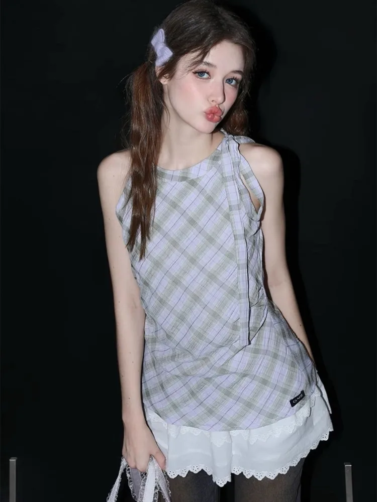 ADAgirl Vintage Plaid Tank Top Women Lace Patchwork Fake Two Pieces Design Y2k Tops Summer Lace Up Collar Cutecore Girl Clothing