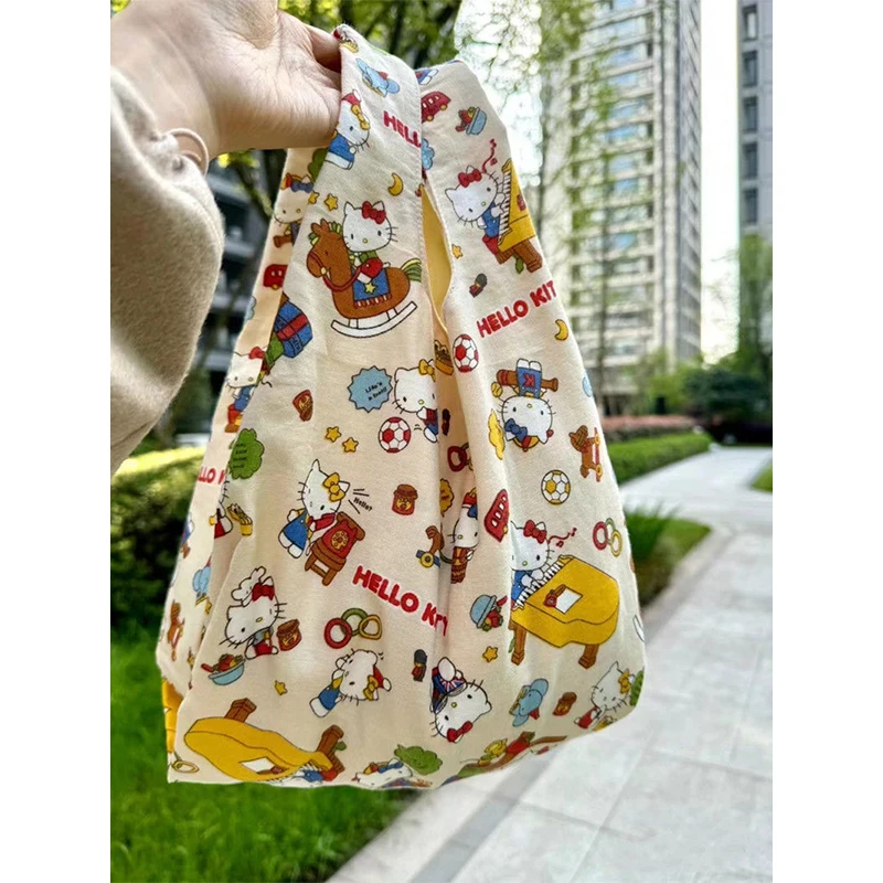 2024 New Hello Kitty Canvas Handbag Kawaii Sanrio Anime Cartoon Shoulder Bag Large Capacity Student Book Storage Bag Girl Gifts