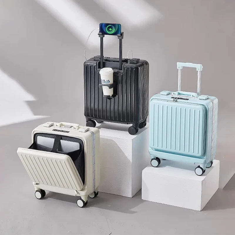 Front Opening Luggage with USB Cup Holder Suitcase Bag Aluminum Frame Travel Bag Phone Holder Small Suitcases Carry-on Trolley