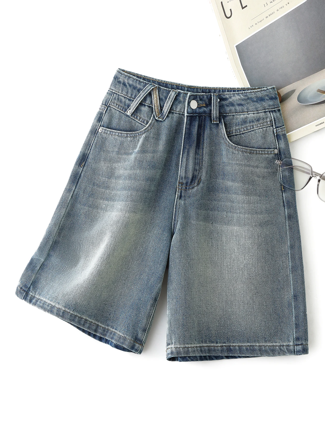 Shorts jeans azul de cintura alta feminino com bolsos, jeans reto, 5 pontos, verão, novo, 2024