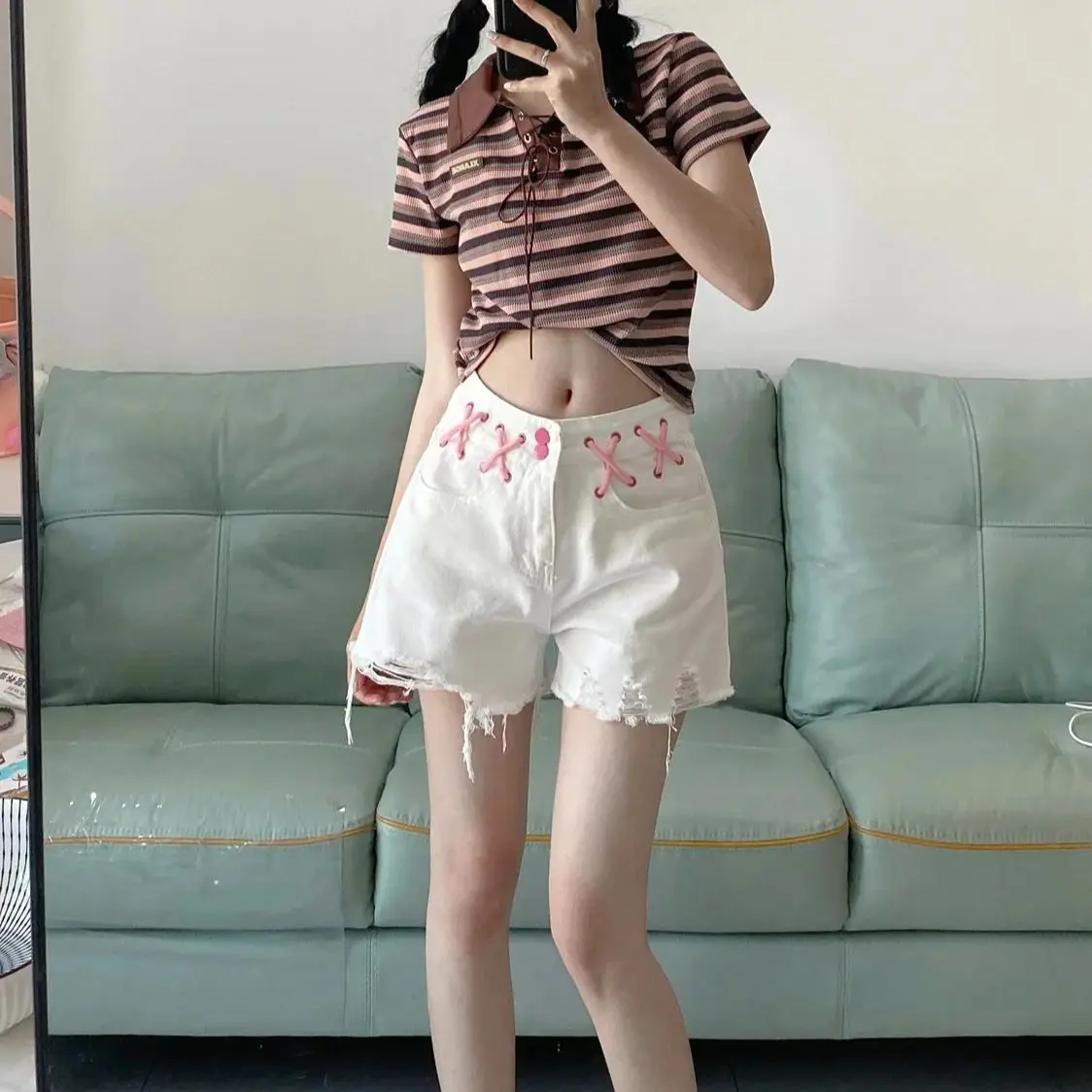 Drawstring High Waist Denim Shorts Women Summer New Niche Design Sweet Spicy Casual Versatile Pants