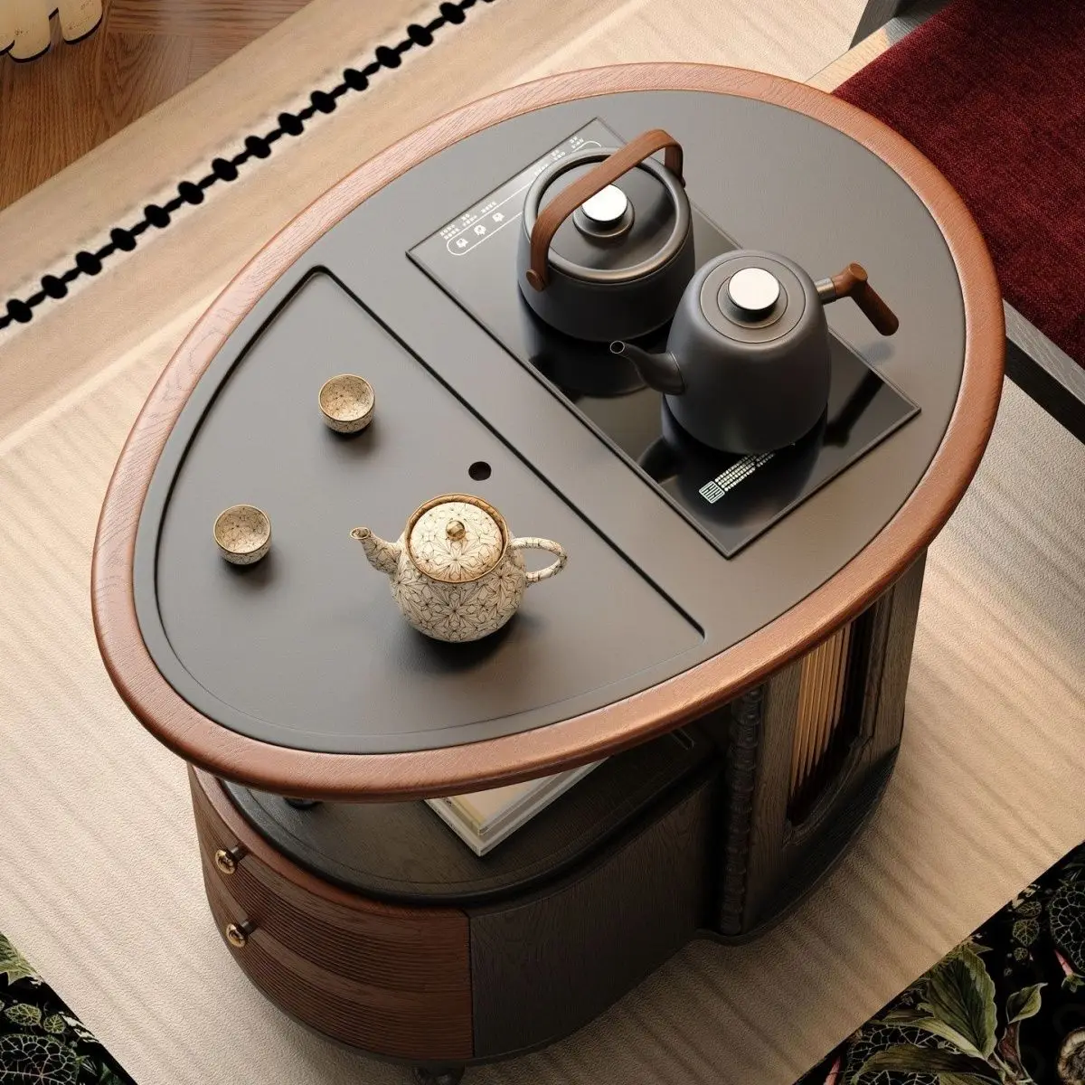 Medieval style, solid wood, movable, rotating trolley, living room sofa side cabinet coffee table