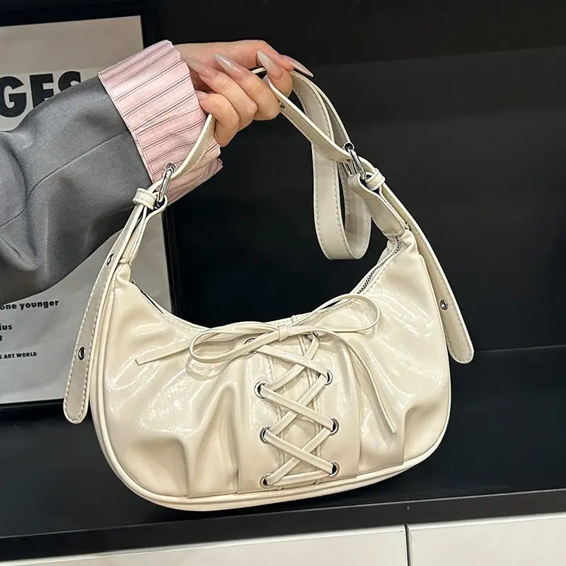 

Harajuku милая сумка через плечо с бантом, женская плиссированная кожаная сумка большой вместимости, женская сумка через плечо Y2k, эстетичная нежная сумка через плечо 2025