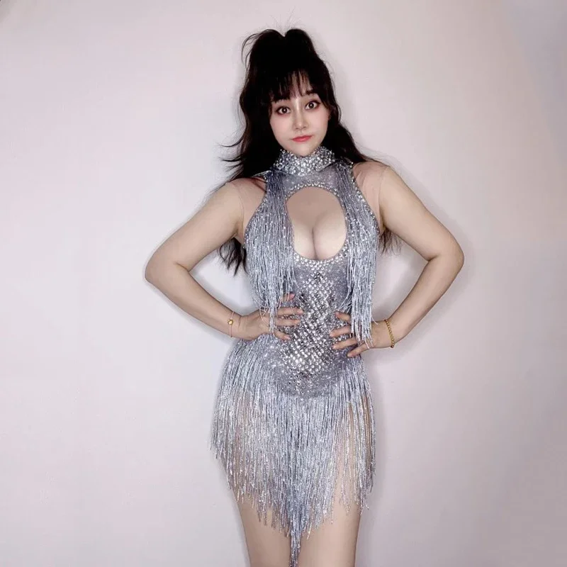 Gogo Dance Costume Rhinestones Full Fringed Bodysuit Sexy Stretch Pole Dance Outfit Birthday Celebrate Stage outfit