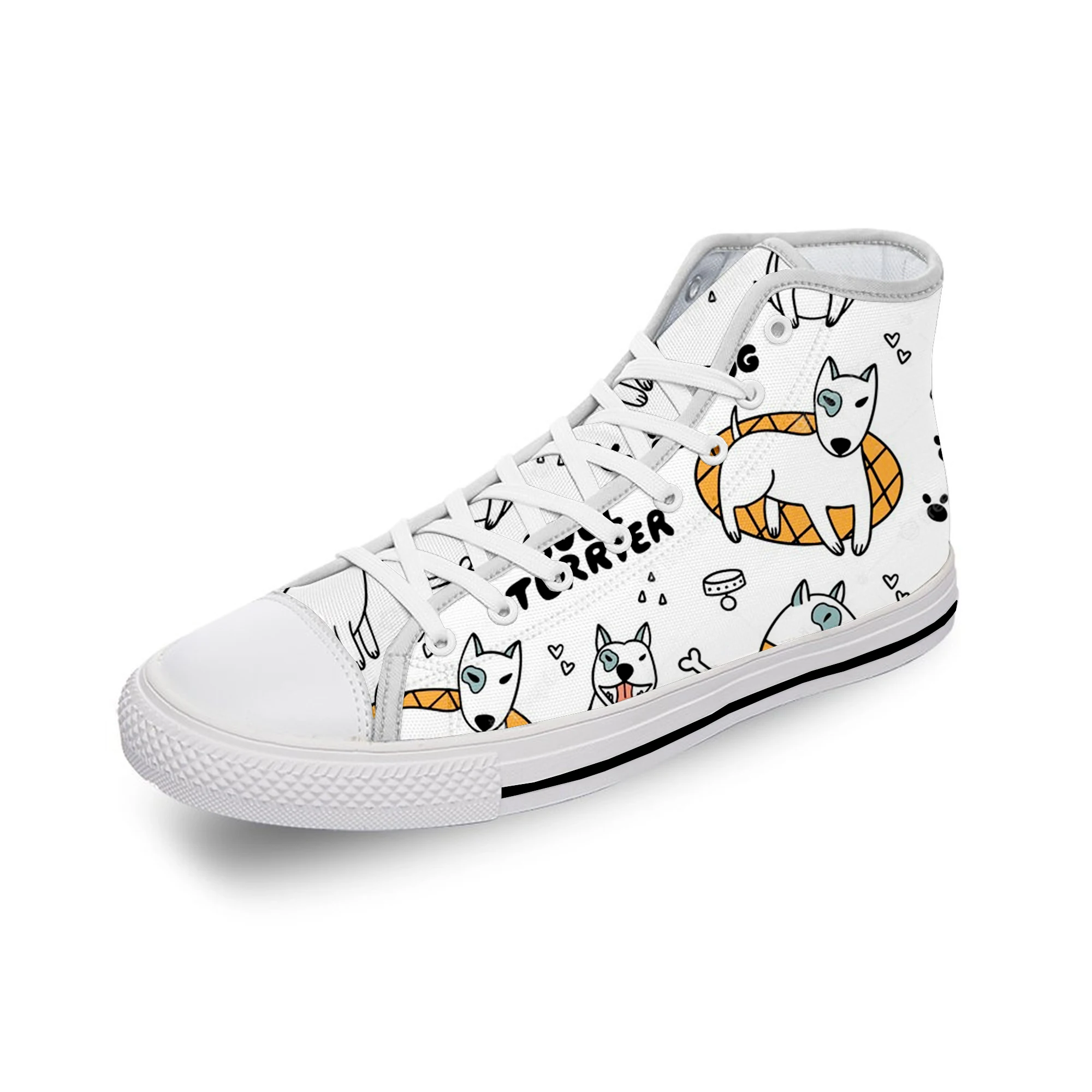 Animal Bull Terrier Cartoon Dog White Cloth Fashion 3D Print High Top Canvas Shoes Men Women Lightweight Breathable Sneakers