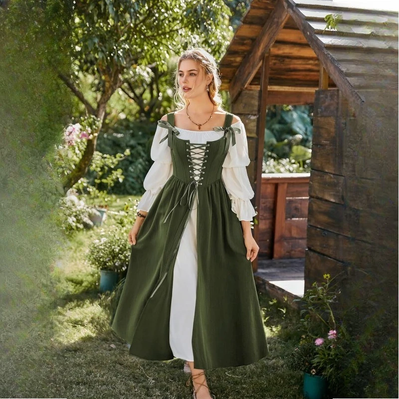 

Women Dress Shirring Edge Square Neck Tight Waist Flowy Sleeves Dress Lace-up Patchwork Lady Halloween Costume Maxi Dress