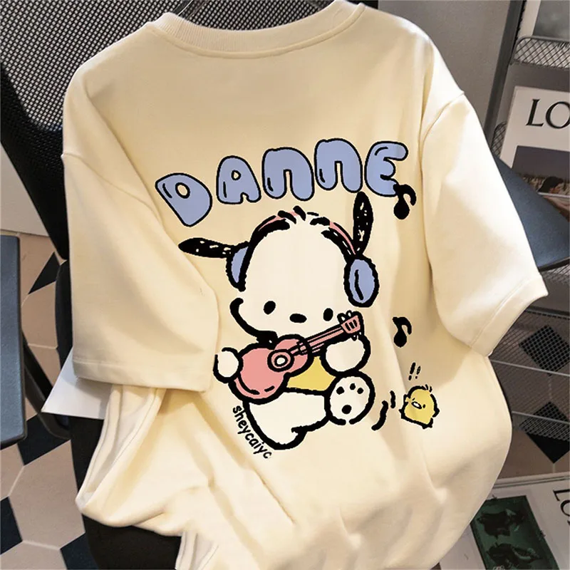 Miniso Sanrio Pochacco T Shirt Cute Cartoon Summer Loose Printing Short Sleeve Casual Home Outdoor Comfort Tops Girl Gifts