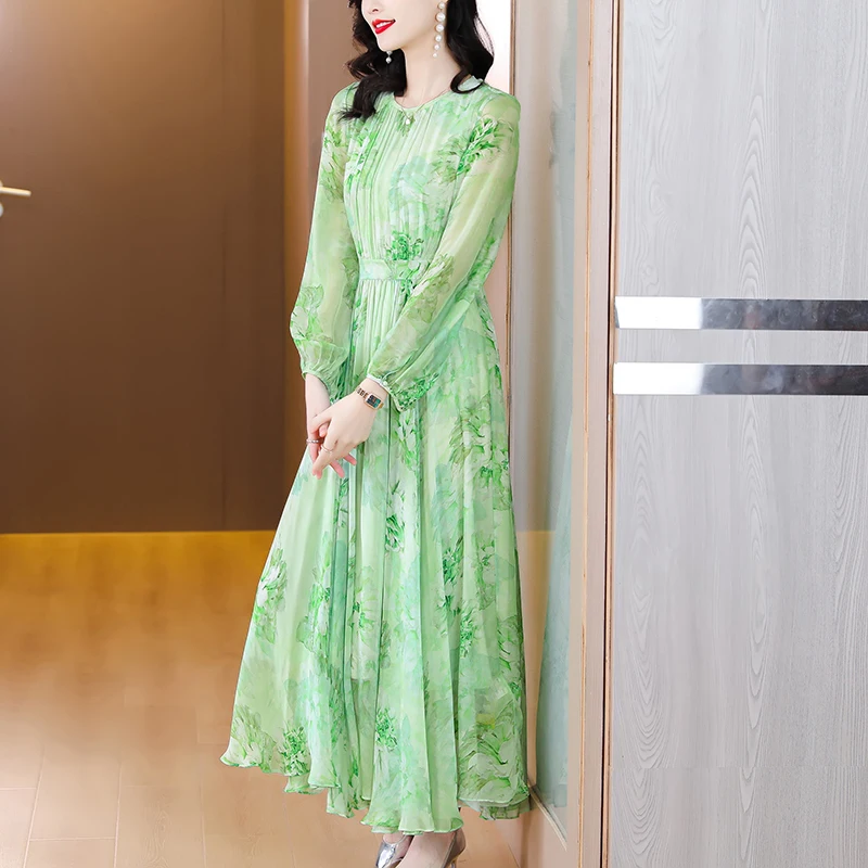 Summer Green Floral Silk O-Neck Long Dress for Women 2024 Vintage Luxury Evening Dress Korean Fashion Elgant Casual Party Dress